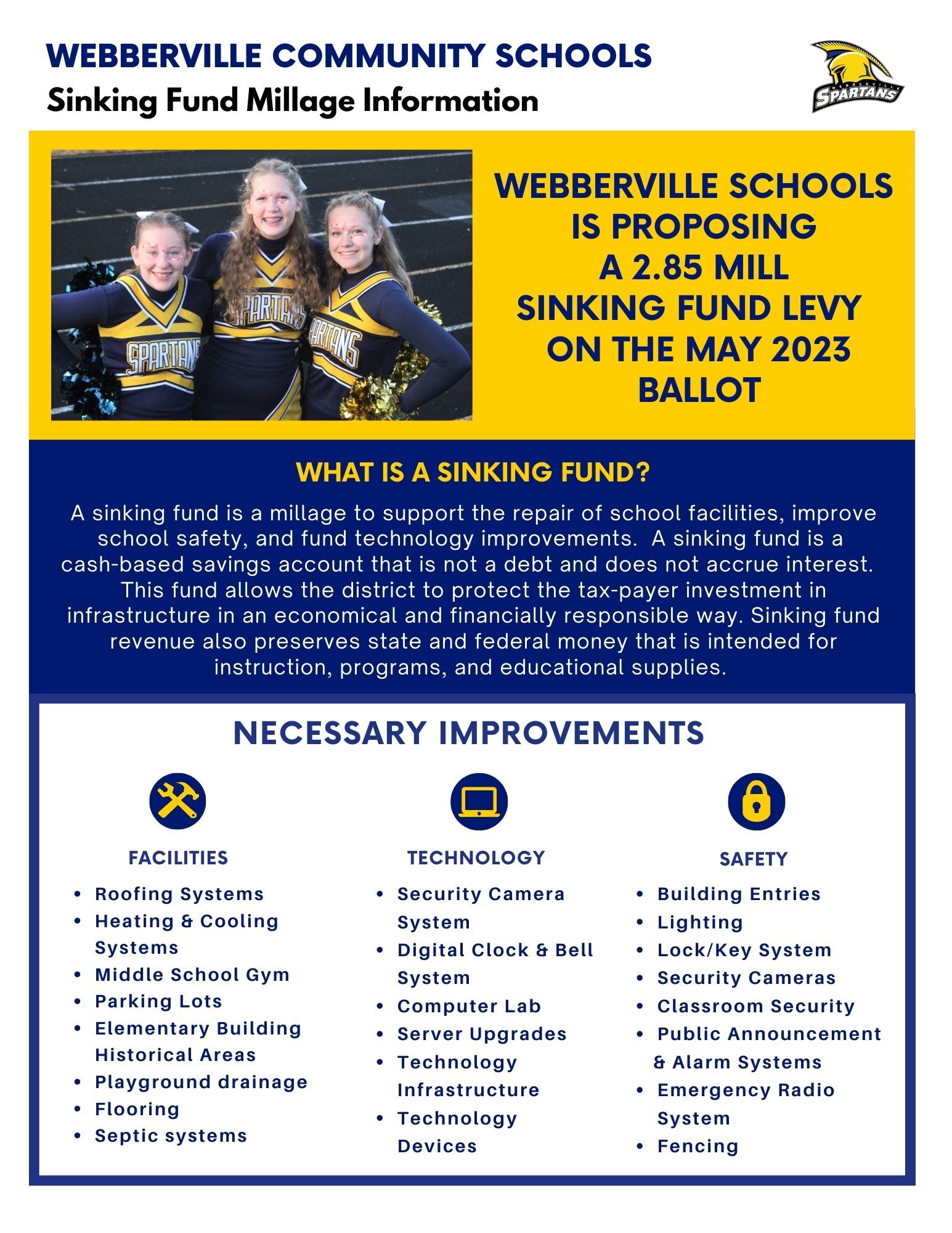 Image showing three smiling girls. Details sinking fund proposal- 2.85 mill levy on May 2 ballot. Describes sinking fund as a cash based account raised by voters to support safety, technology and infrastructure.